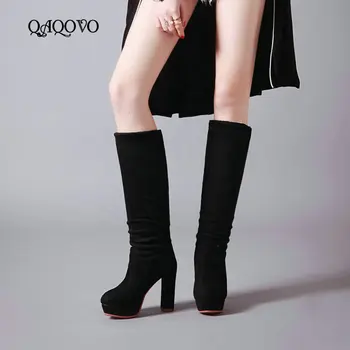

2019 Wintre Boots Faux Suede Square High Heel Knee High Boots Fashion Platform Wintre Warm Plush Slip On Ladies Boots Shoes