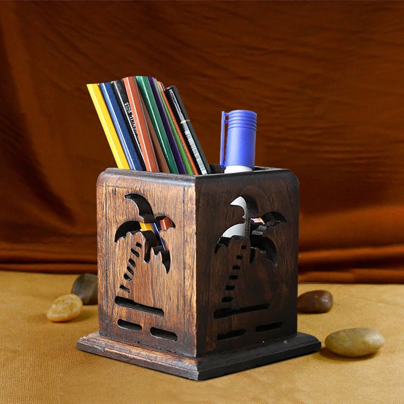 Тайская Ретро креативная Выгравированная твердая деревянная подставка для ручек офисный многофункциональный деревянный стаканчик для карандашей украшение ручной работы