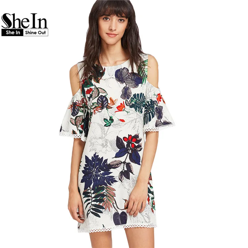 Buy Cheap SheIn Womens Dresses Summer Dresses Casual Multicolor Tropical Print Cold Shoulder Half Sleeve Lace Trim Dress