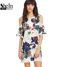 SheIn Womens Dresses Summer Dresses Casual Multicolor Tropical Print Cold Shoulder Half Sleeve Lace Trim Dress