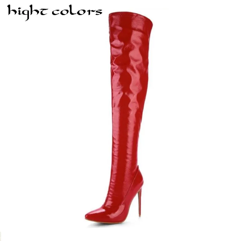 Sexy Steel Pipe Dance Boots Fashion Japanned Leather Side Zipper Thin Heels Women Over The Knee Boots Motorcyle Boots Black Red