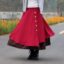 Новая модная осенне-зимняя женская Лоскутная льняная хлопоковая длинная юбка на пуговицах с эластичной резинкой на талии Асимметричная плиссированная юбка большие юбки