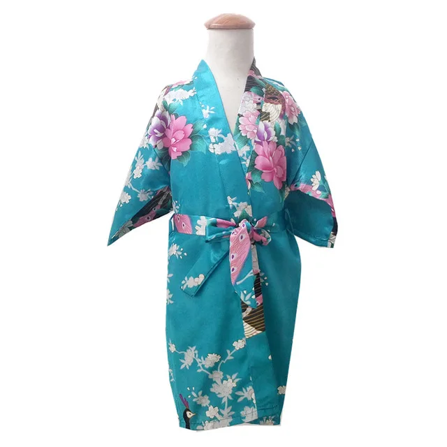 Павлин Детский халат атлас детей кимоно халаты подружки невесты платье с цветочным узором для девочек Шелковый детский халат ночная рубашка халат Размер 2-14 - Цвет: lake blue