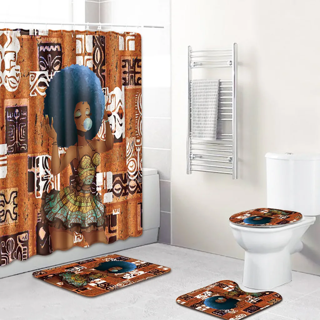 Ouneed 4PCS set Creative african girls prints Bathroom Shower Curtains set Non Slip pattern Toilet Shower curtains Cover Mat set - Цвет: G