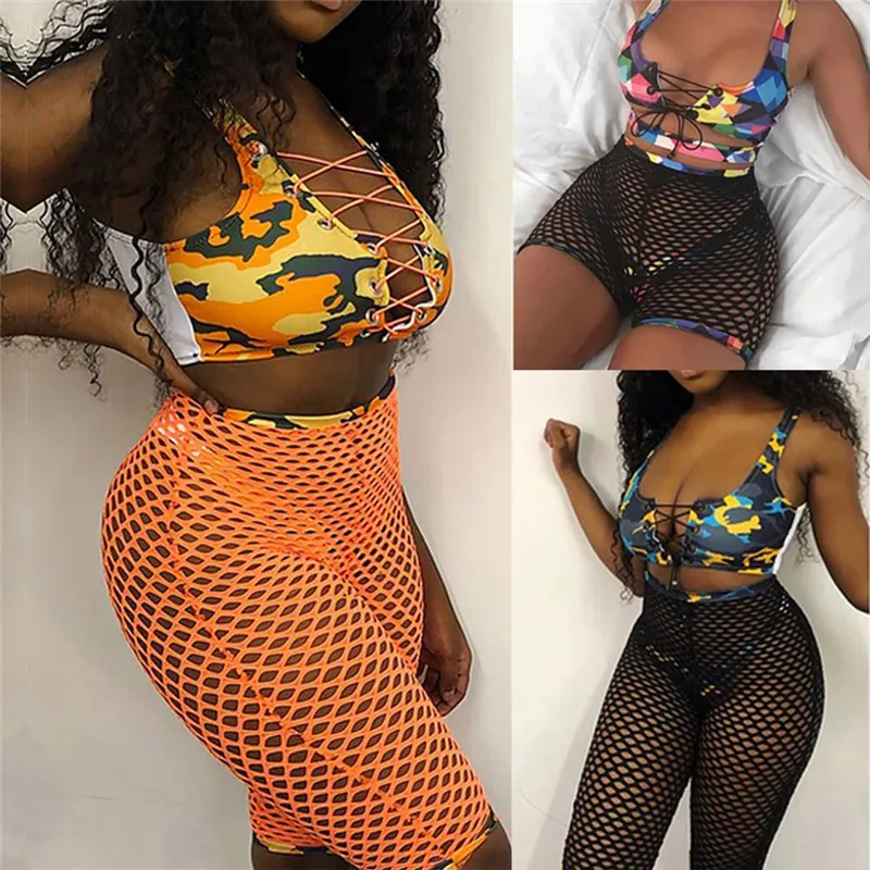 

2019 Women Summer Beachwear Sexy Camo Bandage Padded Top Thong Fishnet High Waist Cover Up 3Pcs Bikini Set Bathing Suit Swimsuit