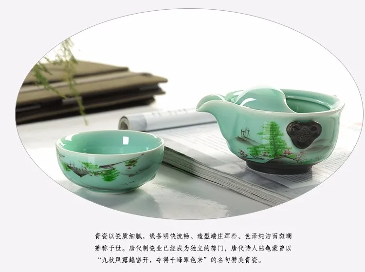 Чайный набор кунг-фу 1 горшок 1 чашка Longquan Celadon Gaiwan расписанный вручную чайный набор кунг-фу Gaiwan Жасмин Зеленый чай Bi Luo Chun