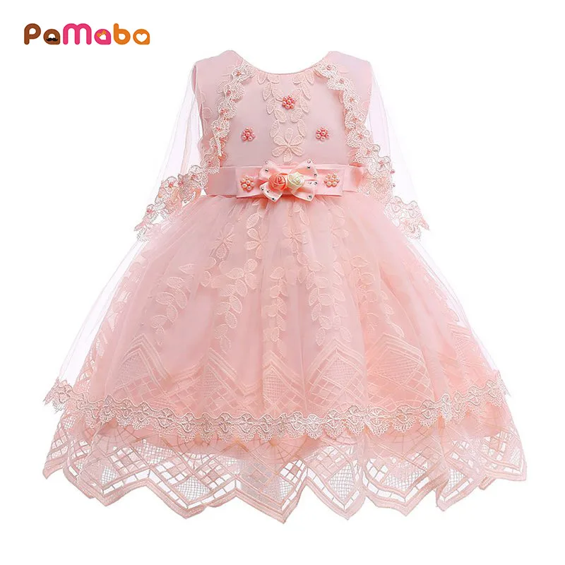 

PaMaBa Lovely Pink Girls Wedding party Dresses with Tulle Cloak Lace Pearls Leaves Embroidery Princess Special Occasion Clothes