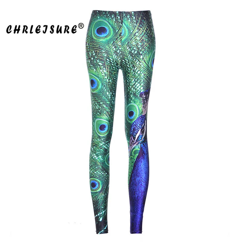 

CHRLEISURE S-XL Peacock Feather Leggings Women 3D Digital Print Green Legins Trousers Big Size Female Fitness leggings