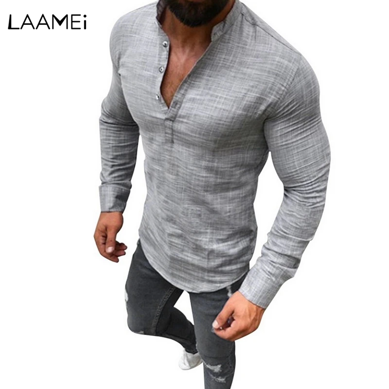

Laamei Men's Long Sleeve Shirts Streetwear Men Top Shirts Male Dress Shirt Stand Collar Shirts Half-open Button Camisa Masculina