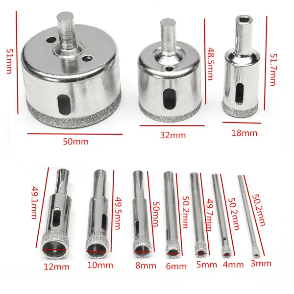 10Pcs 3-50mm Diamond Drill Bits Set Glass Hole Saw Cutter Tools