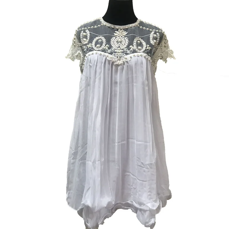

PERHAPS U Elegant White Short Sleeve Lace Pleated Ruffled Chiffon Cocktail Club Party Dress Mash Beading D0154