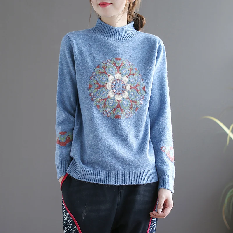Этнический жаккардовый винтажный пуловер с высоким воротником и длинными рукавами, свитер mori girl