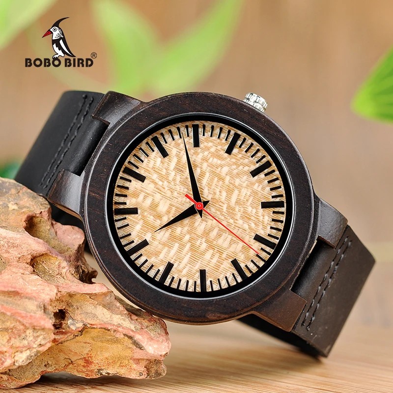 BOBO BIRD Men Ebony Wood Watches Bamboo Quartz Watch Male Brand Luxury WristWatch in Gift Box