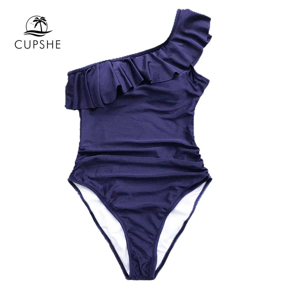 Günstig CUPSHE Falbala einteiliges Badeanzug Frauen Braun Rüschen One schulter Monokini 2020 Mädchen Solide Strand Badeanzug Bademode