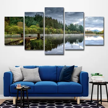 

5 Piece Large Modern Green Tree Water Landscape Prints Posters Artwork Gallery Pictures Paintings on Canvas Wall Art Living Room