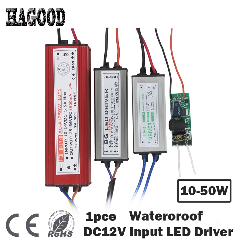 

1pce DC12V Input 10-50W AL Case Waterproof IP65 LED Driver Output DC18-36V Light Transformer Power Supply Adapter for Led Lamps