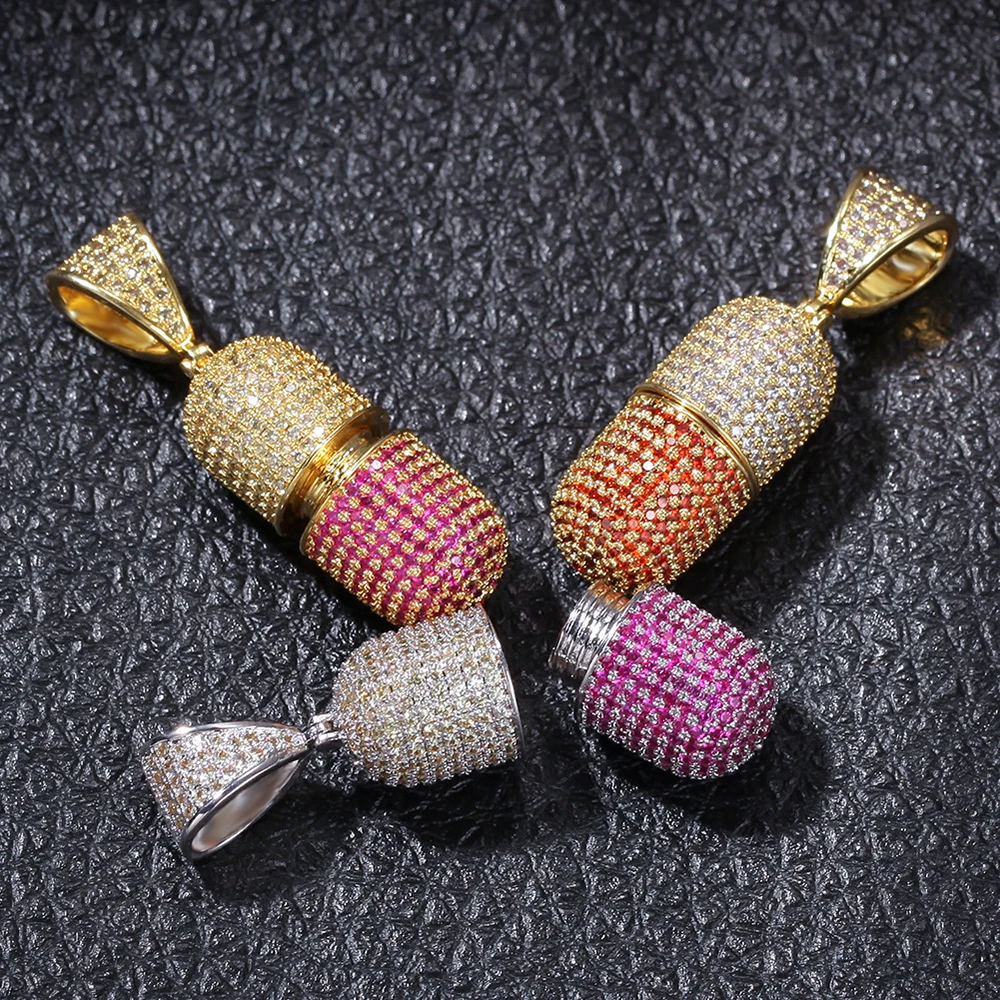 

Open A Pill Capsule Pendant Necklace Men Iced Out CZ Colorful Hip Hop/Punk Gold Color Charms Chains Necklace Jewelry Party Gift