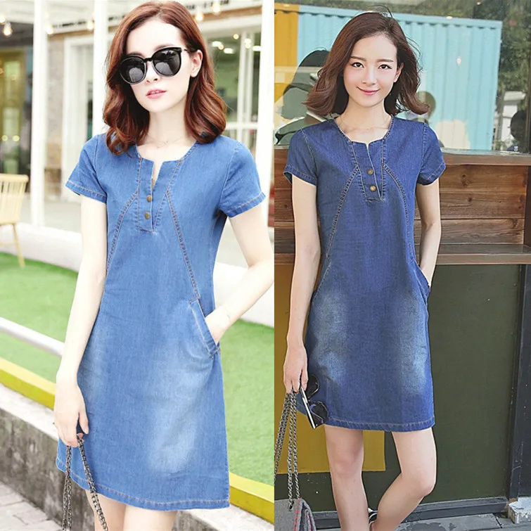 Hot Sale 2019 Summer Denim Dress Women Casual O-neck Short Sleeve Pockets Jeans Dresses Loose Dress Vestidos Plus Size 3XL