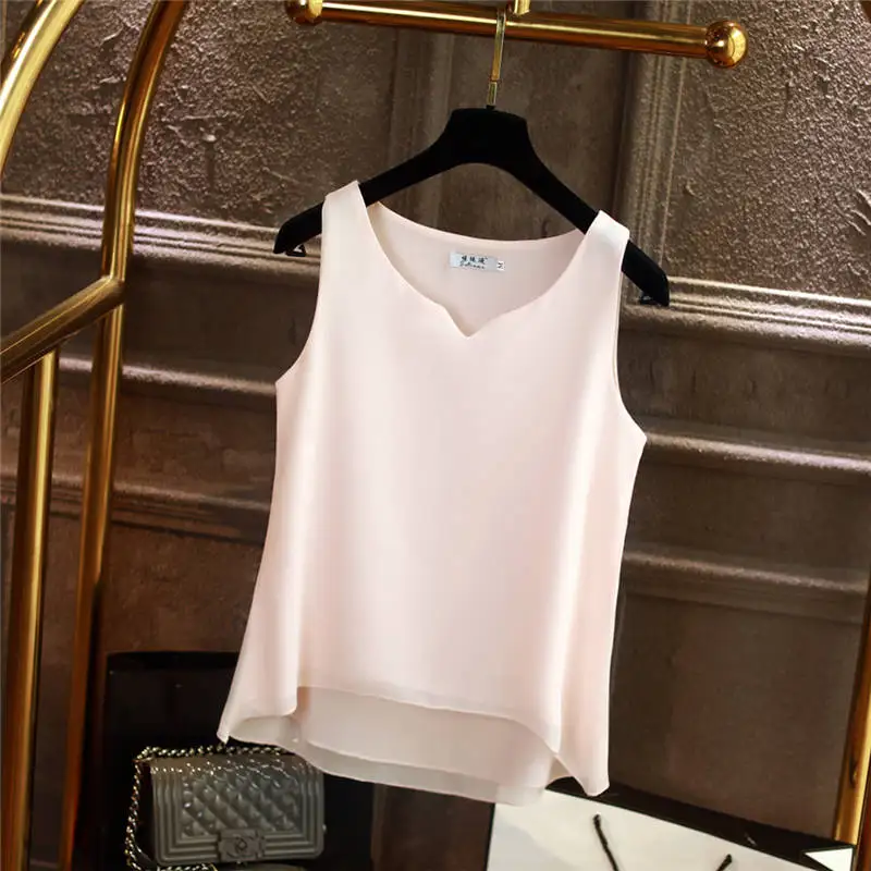 Модная новая Брендовая женская блузка Летний шифон без рукавов рубашка однотонная с v-образным вырезом Повседневная Блузка размера плюс 5XL свободные женские топы - Цвет: light pink