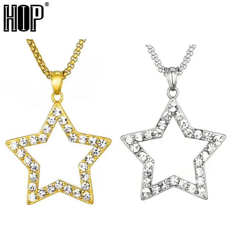 

HIP Hop Bling Five Star Rhinestone Bright Necklaces & Pendants Stainless Steel Gold Color For Men Jewelry Dropshipping