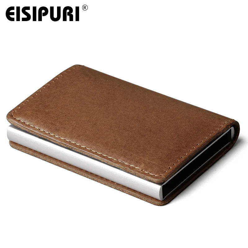

Genuine Leather Mens Aluminum Wallet With Back Pocket ID Card RFID Blocking Mini Magic Wallet Automatic Credit Card Coin Purse