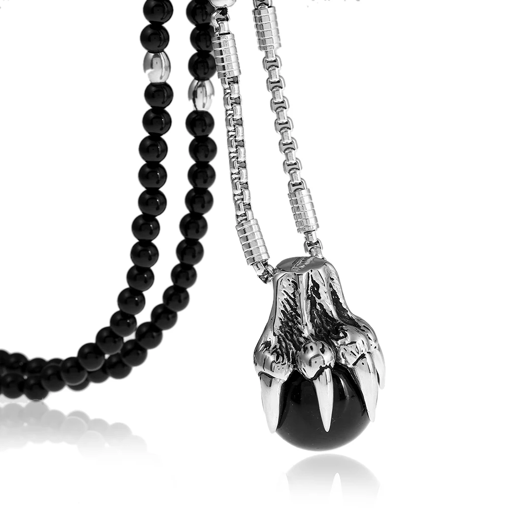 

Men's Gothic Stainless Steel Dragon Claw Black Ball Pendant Necklace with Black Natural Stone Chain 26