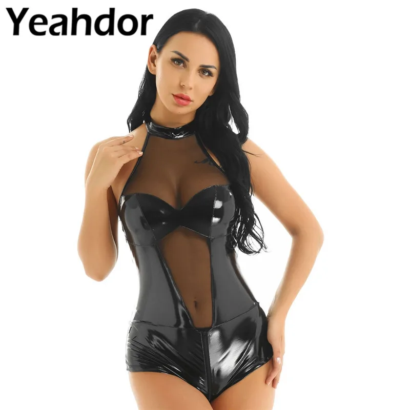 

Sexy Women One-piece Wetlook PU Leather Lingerie Mesh Splice Teddy Bodysuit Front Bust Halter Neck Sleeveless Backless Nightwear