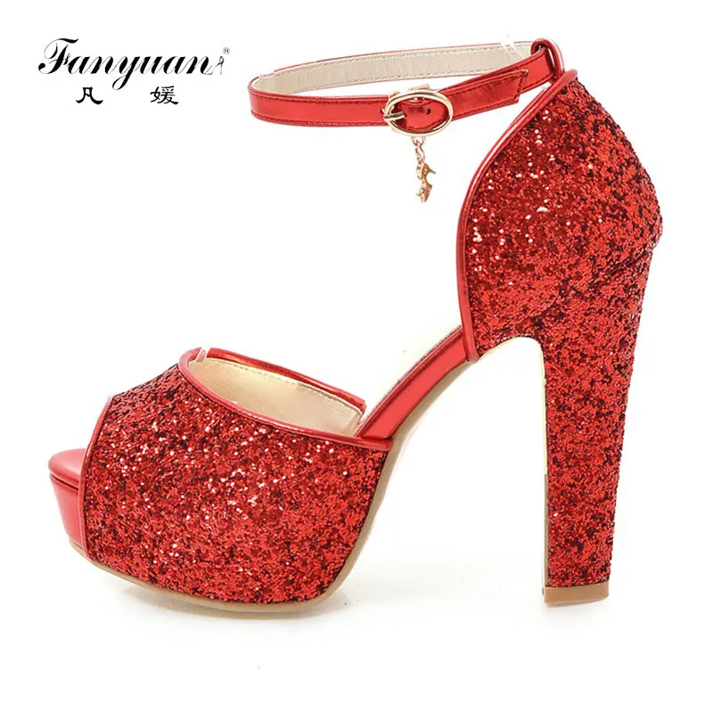 

Fanyuan designer Ankle strap shoes women luxury 2018 mature Peep toe high Chunky heels Wedding bridal Glitter salto Plataforma