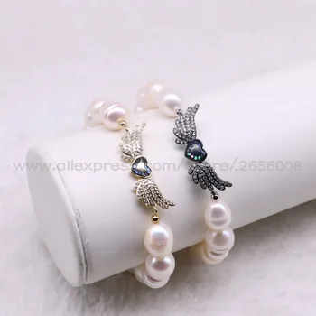 

4 Pcs Natural pearls strand bracelet with Double wing charms Handmade pearls bracelet fashion jewelry strand for lady 3002