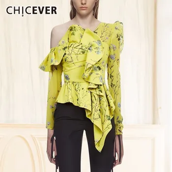 

CHICEVER Summer Sexy Off Shoulder Women's Blouse Skew Collar Long Sleeve Patchwork Ruffles Hem Back Zipper Women Shirt 2020 New