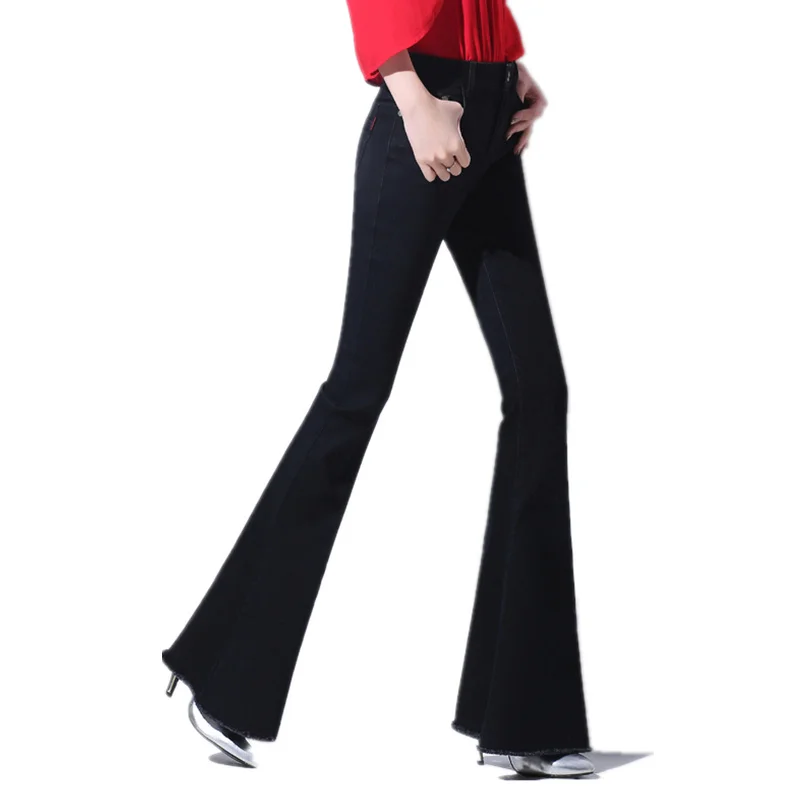 Горячая Распродажа Весенние новые джинсы женские ковбойские расклешенные брюки средней талии винтажные черные синие длинные джинсовые брюки облегающие джинсовые брюки