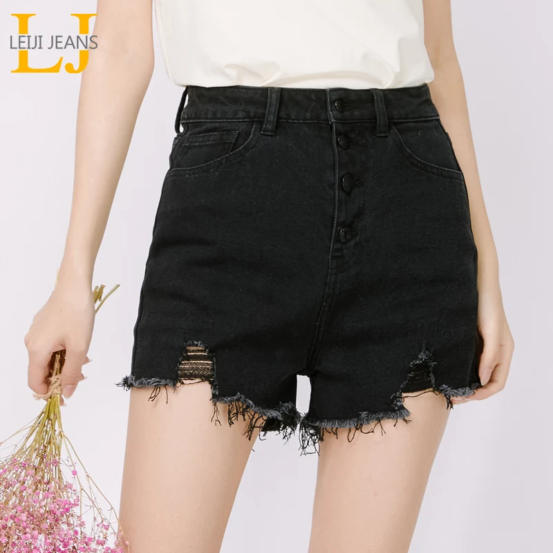 Женские рваные джинсы LEIJIJEANS черные джинсовые шорты с высокой талией и бахромой