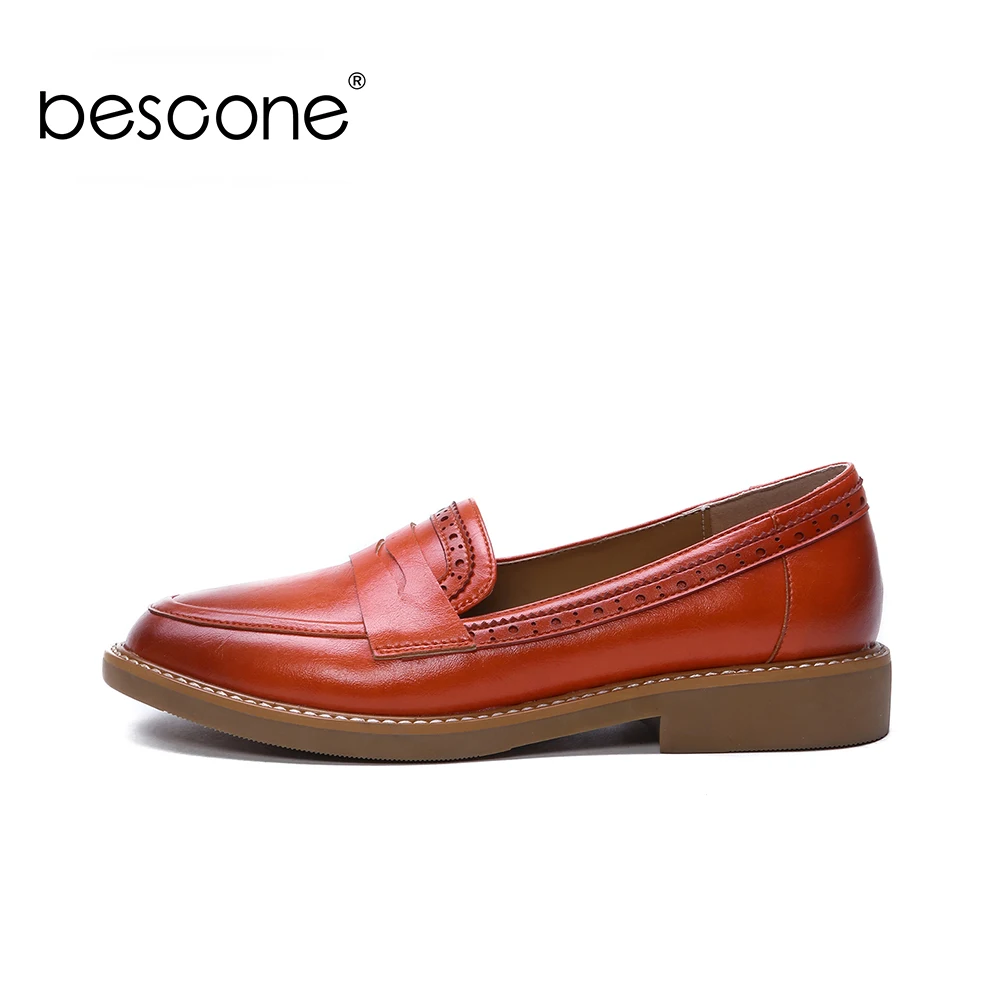 

BESCONE Genuine Leather Flats High Quality Round Toe Casual Woman Shoes Low Heels Slip-on Basic Cow Leather Lady Flats BO61