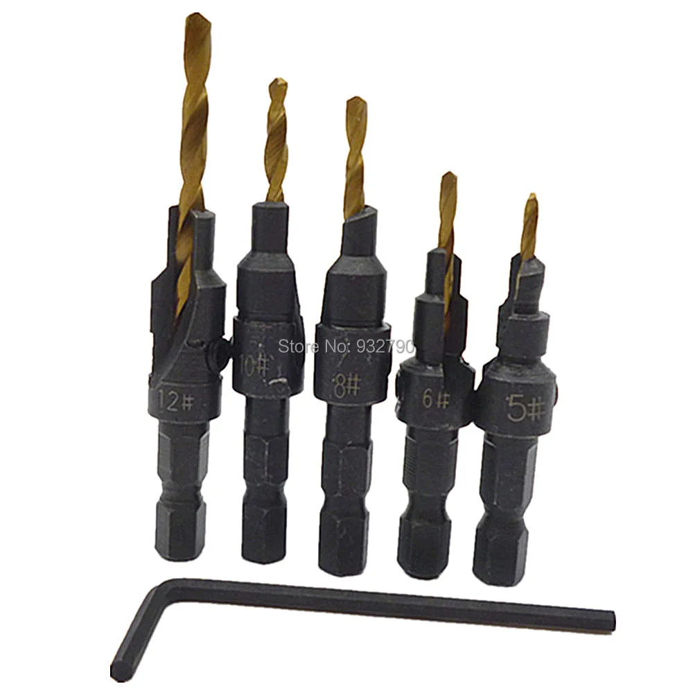 5pcs Ti Countersink Drill Bit Quick Change Counter Sink Hex Shank Screw 5 6 8 10 12 Wood
