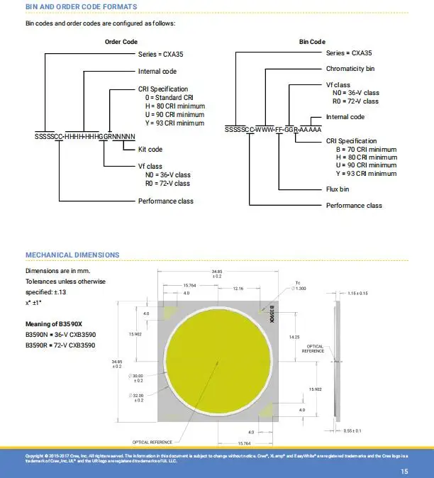 Растут светильник светодиодный чип COB CXB3590 дБ е-байка 36В 80CRI 3500K CXB3590-0000-000N0HDB35G 3600ma max