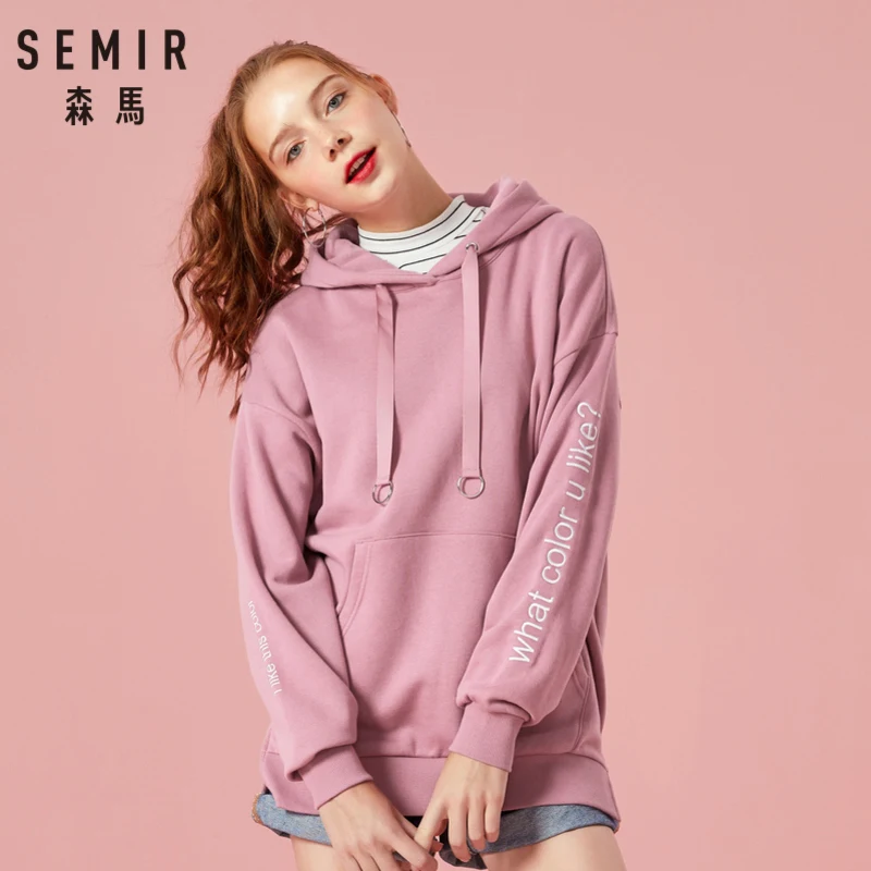 

SEMIR Women Long Fleece-Lined Hooded Sweatshirt with Kangaroo Pocket Embroidered Pullover Hoodie Drawstring Hood Slits at Side