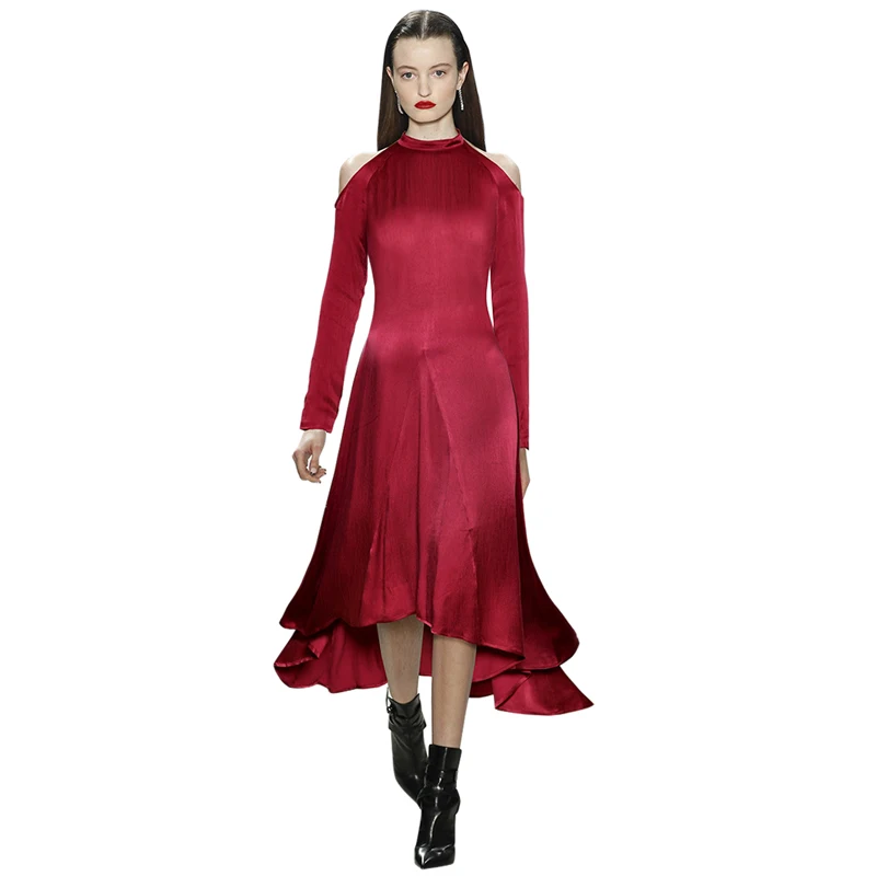 women runway fashion 2018 trendy clothing wine dress halter neck off shoulder long sleeve high low ruffle drop waist dress