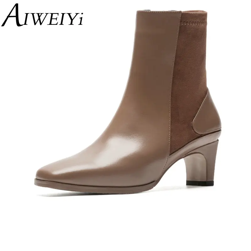 

AIWEIYi Ankle Boots for Women Soft Genuine Leather Square Heel High Heels Short Boots Stretch Spring Autumn Winter Boots