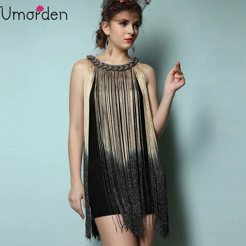 

Metal Chain Neck Draping Tassel Dress Women 1920s Fringe Flapper Charleston Mini Tank Club Dresses Vestido