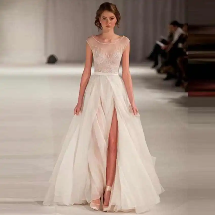 Top Selling 2015 Simple Robe De Mariage Beach Sheer Scoop Neck Beaded