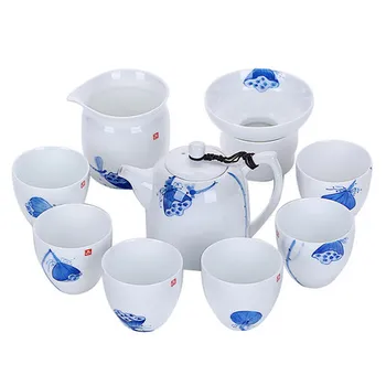 

Hand-painted Blue And White Ceramic Kung Fu Tea Set Gaiwan White Porcelain Teapot Cover Bowl Teacup 6 People Home Gift Box Set
