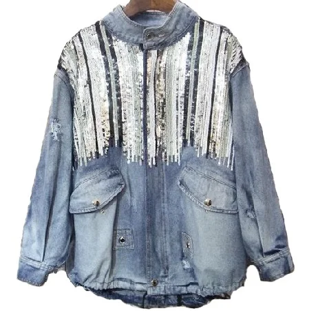 

ASYMSAY 2017 New Fashion Spring Autumn Loose Sequins Ripped Holes Cowboy Coat Denim Jacket Women Basic Coats Streetwear