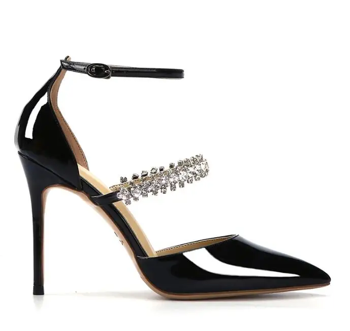 

2019 Summer Newest Patent Leather High Heel Shoes Sexy Pointed Toe Crystal Embellished Thin Heels Pumps Ankle Strap Party Shoe