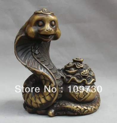 

00863 7" China Chinese Fengshui Bronze Fu Rich Zodiac Year Snake treasure bowl Statue
