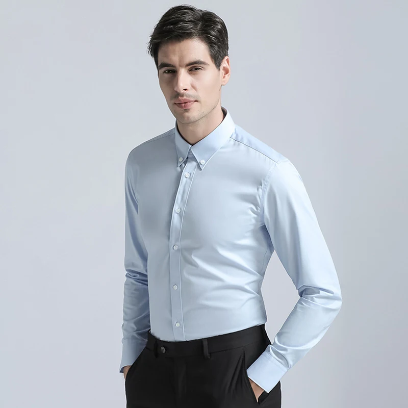 

High Quality Men's Shirts Formal Buckle collar Cotton Blend Shirts Classic Solid Color Long Sleeve Business Suits Shirts White