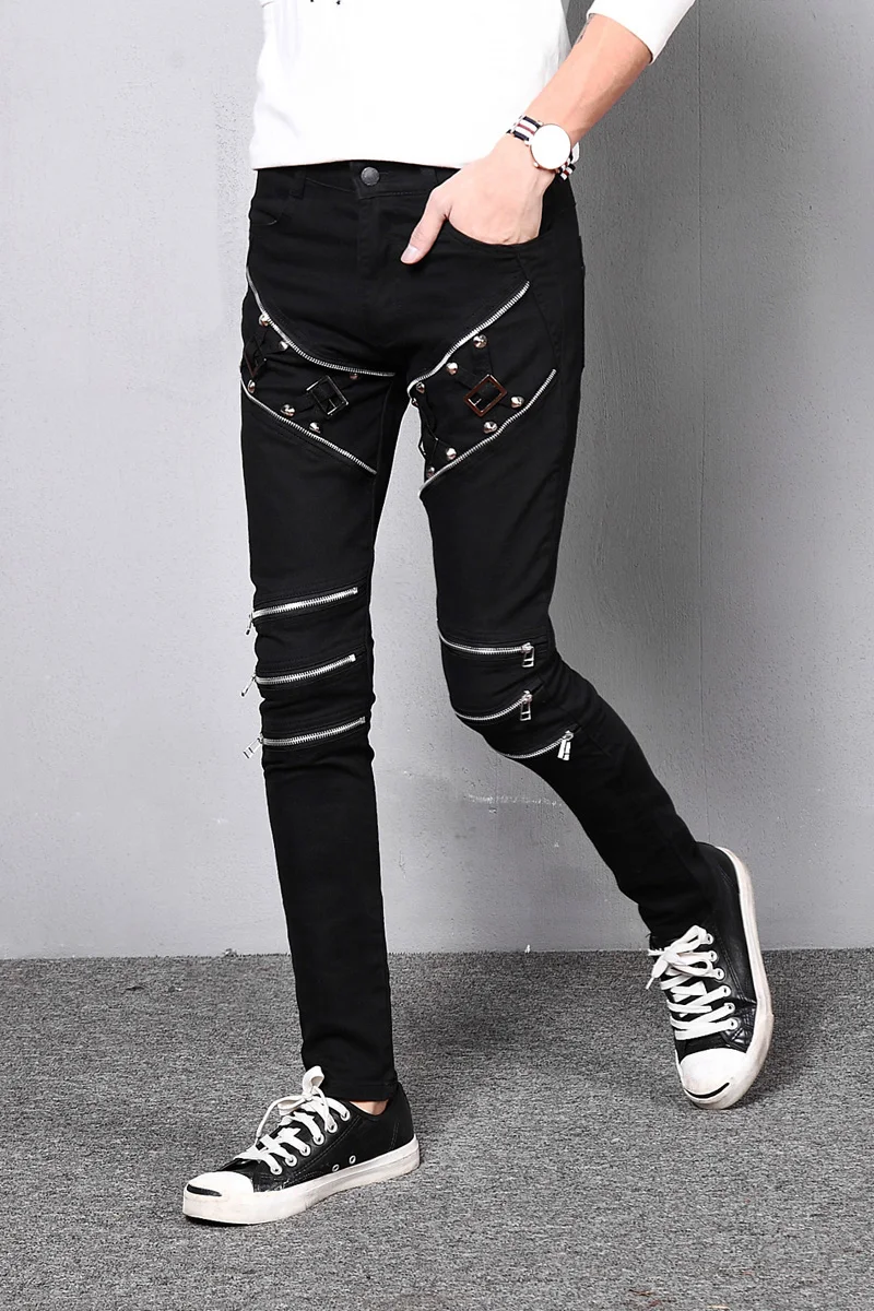 Autumn Metrosexual Zipper Rivet Jeans Skinny Pants Mens Fashion