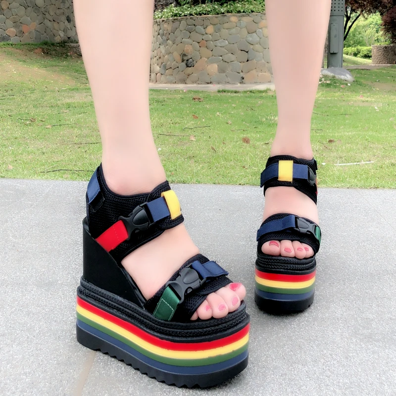 

14cm High Heel Wedges Sandals Women Thick Bottom Platform Peep Toe Colorful Mix Color Sexy Sandals Ladies Party Dress Shoes