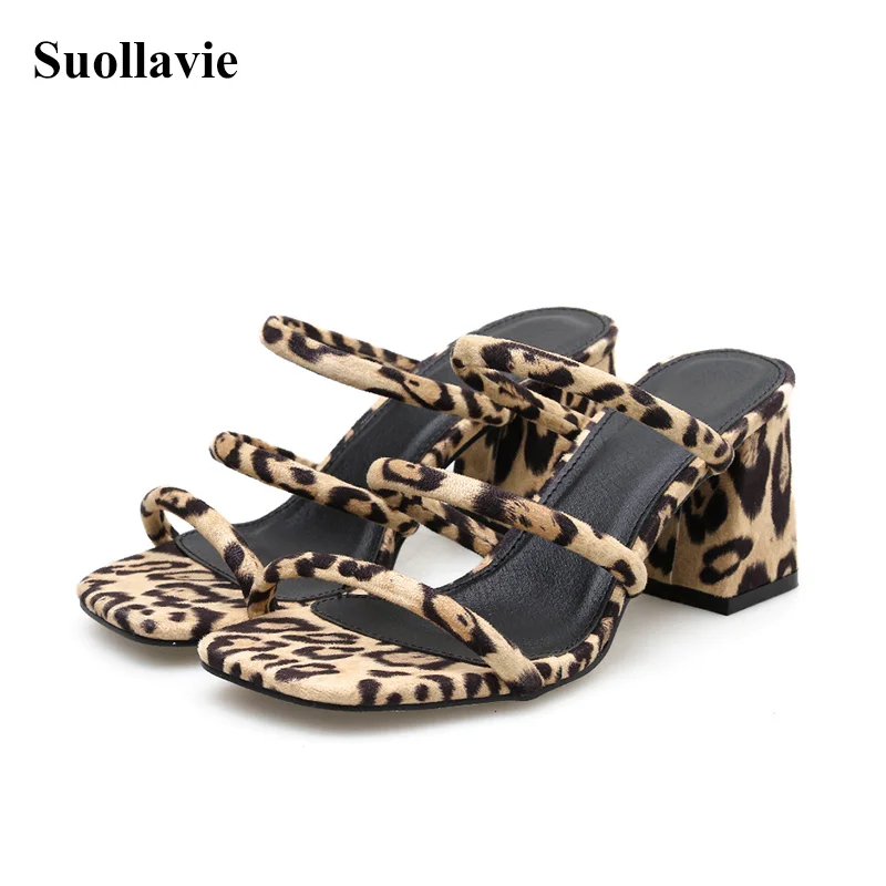 

Sexy Flock Women Slippers Gladiator Sandals Square heel Leopard Shoes Fashion Summer Ladies Party Shoes Slides Black