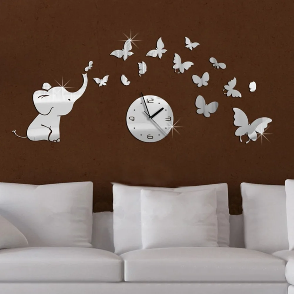 Детский слон и бабочки искусство современный роскошный дизайн DIY 3D Хрустальные зеркальные настенные часы настенные наклейки декор для гостиной спальни