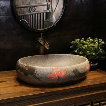 

Chinese Ink Lotus Basin Oval Ceramic Washbasin Large Size Antique ceramic Wash basin bathroom sink